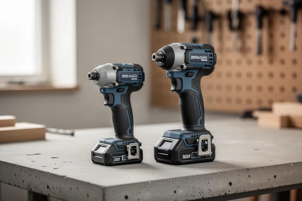 Two compact cordless impact drivers standing side by side on a workbench