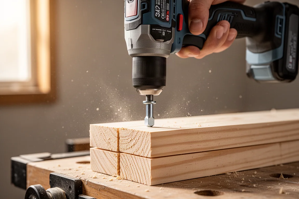 Impact driver driving a lag bolt into stacked lumber on a workbench