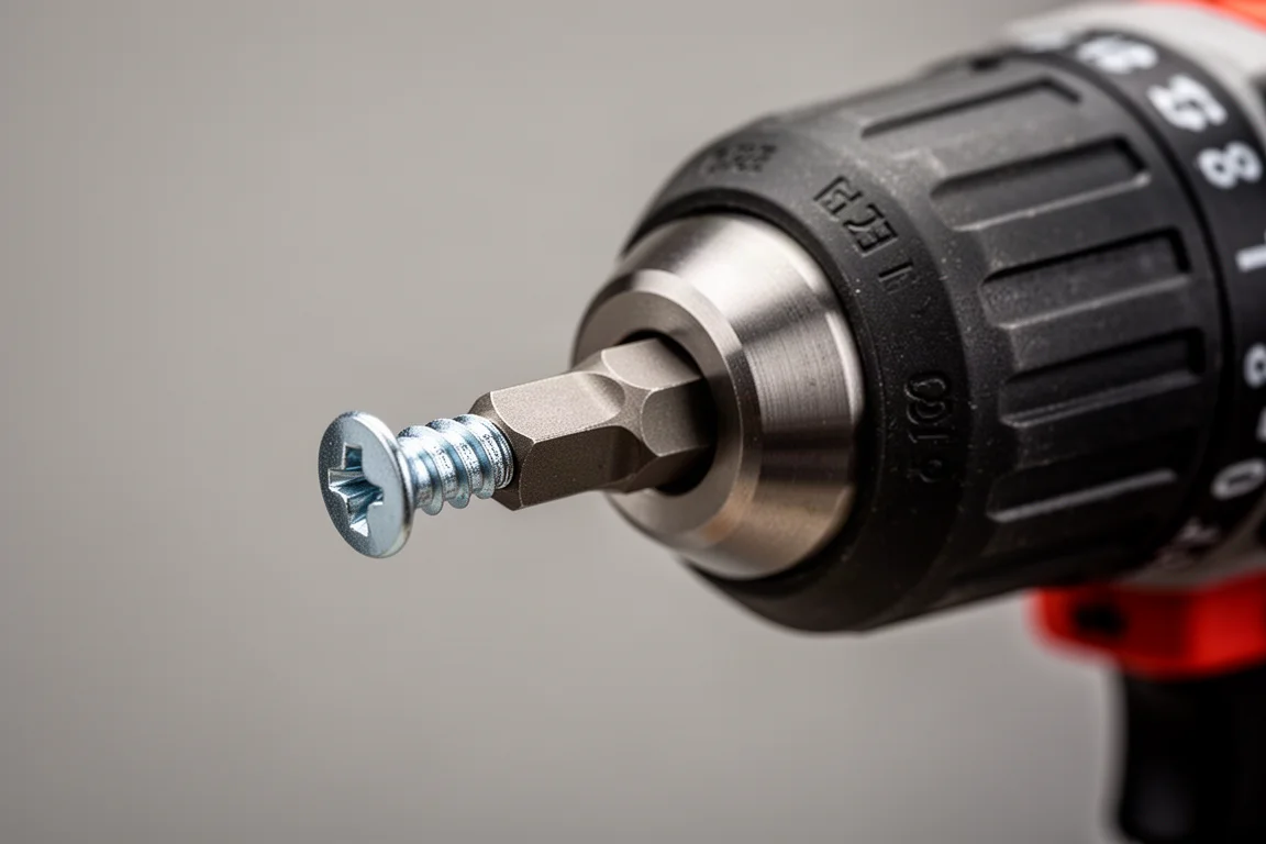 Macro detail of an impact driver chuck and bit with fastener