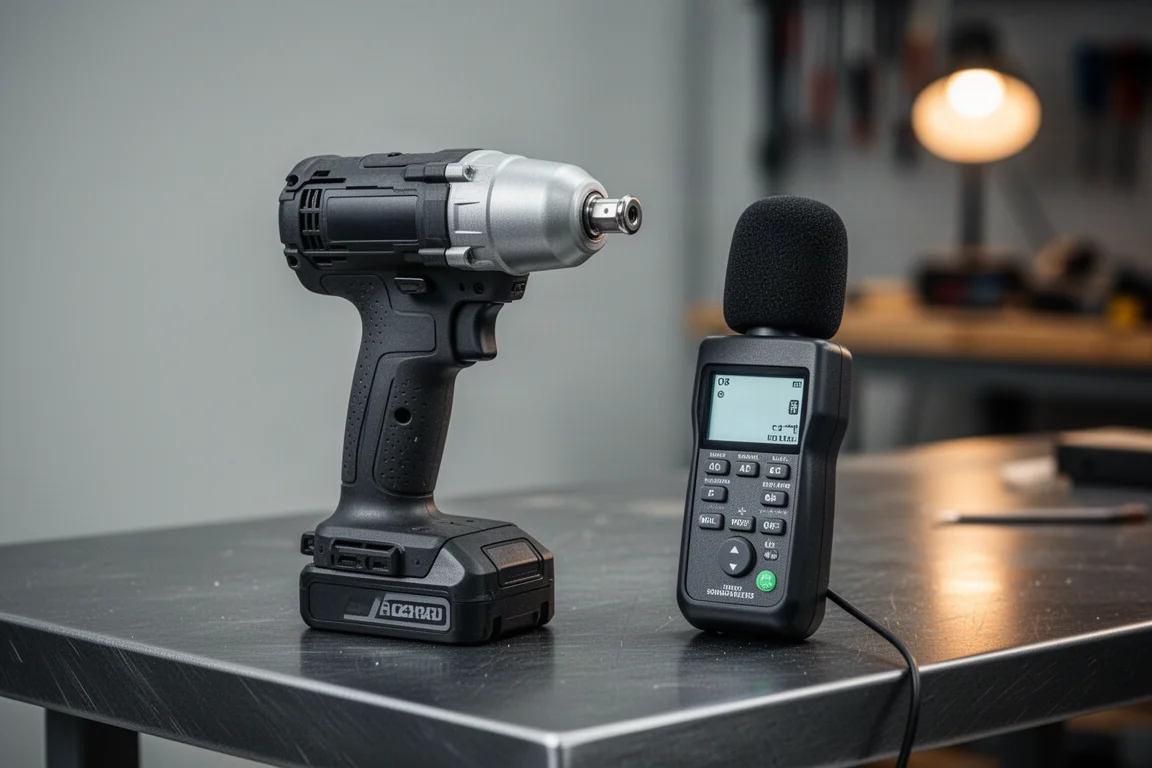 Impact driver resting on a workbench beside a decibel meter