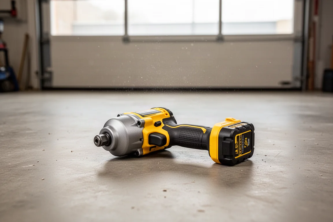 Cordless impact wrench resting on a concrete workshop floor in soft daylight