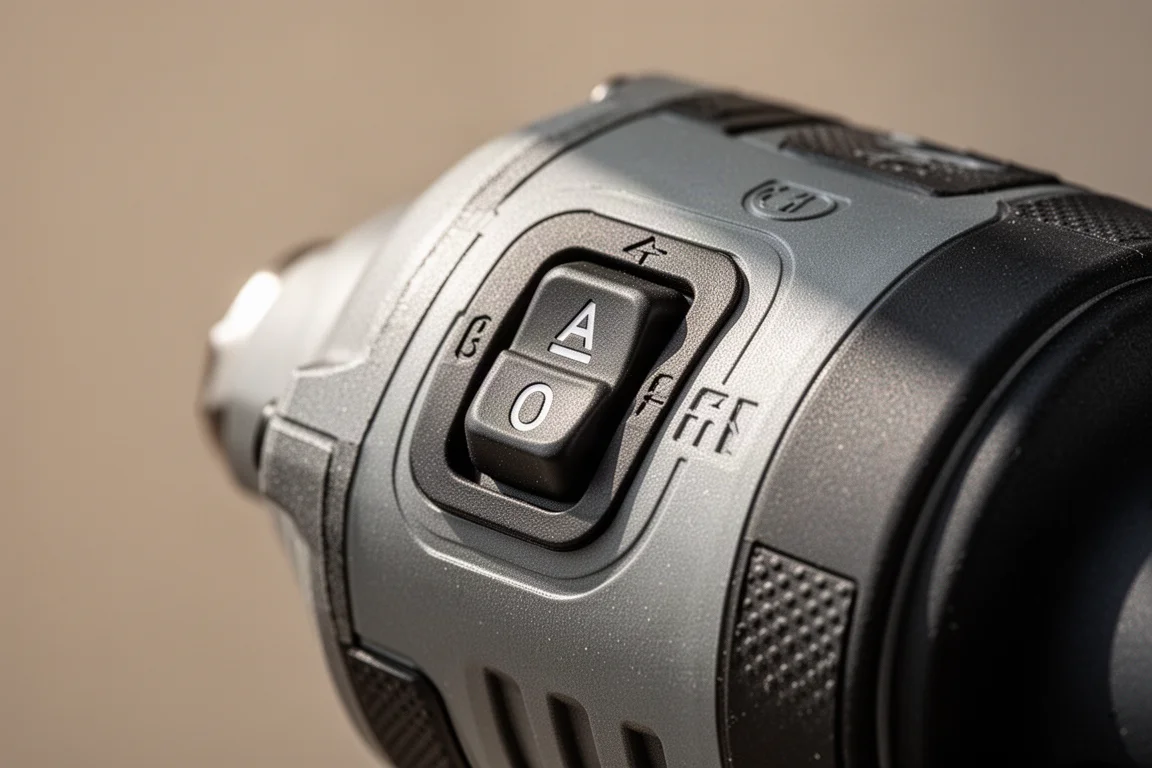 Close-up of mode selection buttons and torque markings on an impact wrench body