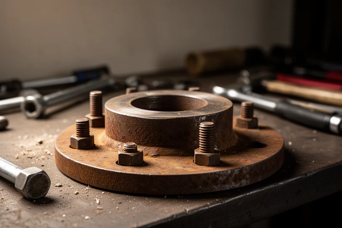 Bolted steel flange being worked on with a power tool in a workshop setting