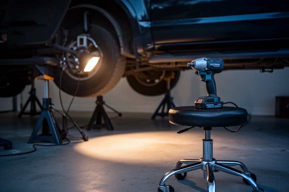 Weekend mechanic working under a vehicle in a home garage at dusk