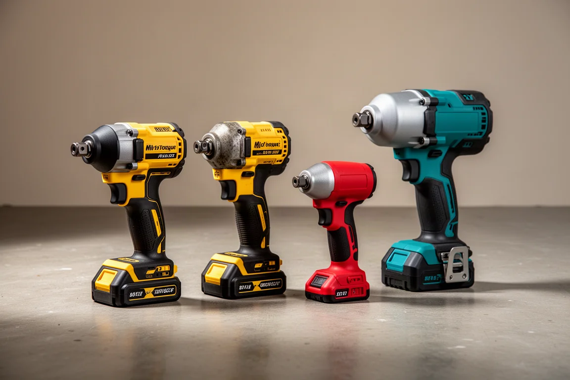 Four mid-torque cordless impact wrenches arranged on a concrete workshop floor