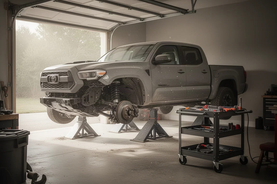 Monteur werkt in een thuiskot aan de ophanging van een opgetilde pick-up truck