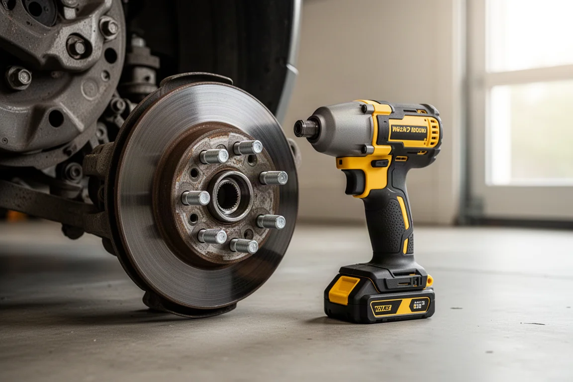 DeWalt DCF900 Schlagschrauber neben einer Radnabe eines Autos in einer Heimwerkstatt gehalten