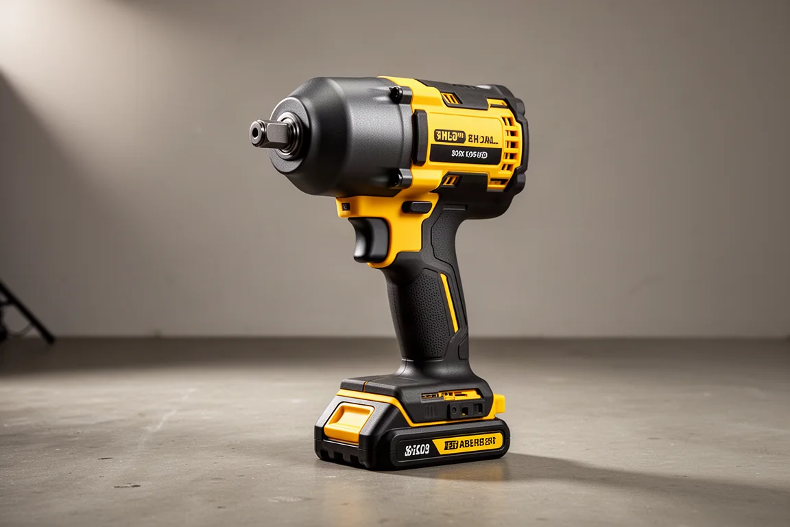 Chiave a impulso a batteria DeWalt DCF900 da mezzo pollice sul pavimento in calcestruzzo di un'officina