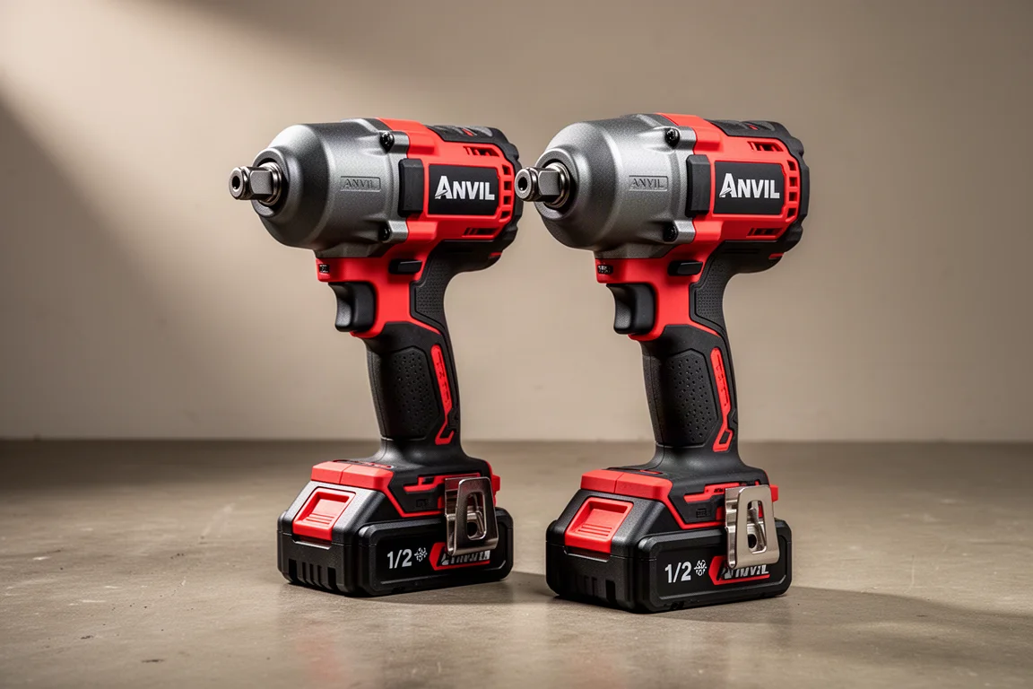 Two cordless impact wrenches standing side by side on a concrete workshop floor