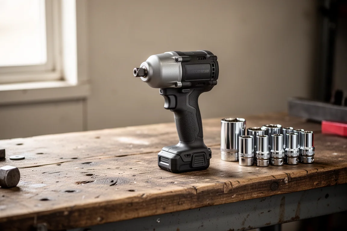Compacte accu-impact wrench liggend op een garagewerkbank