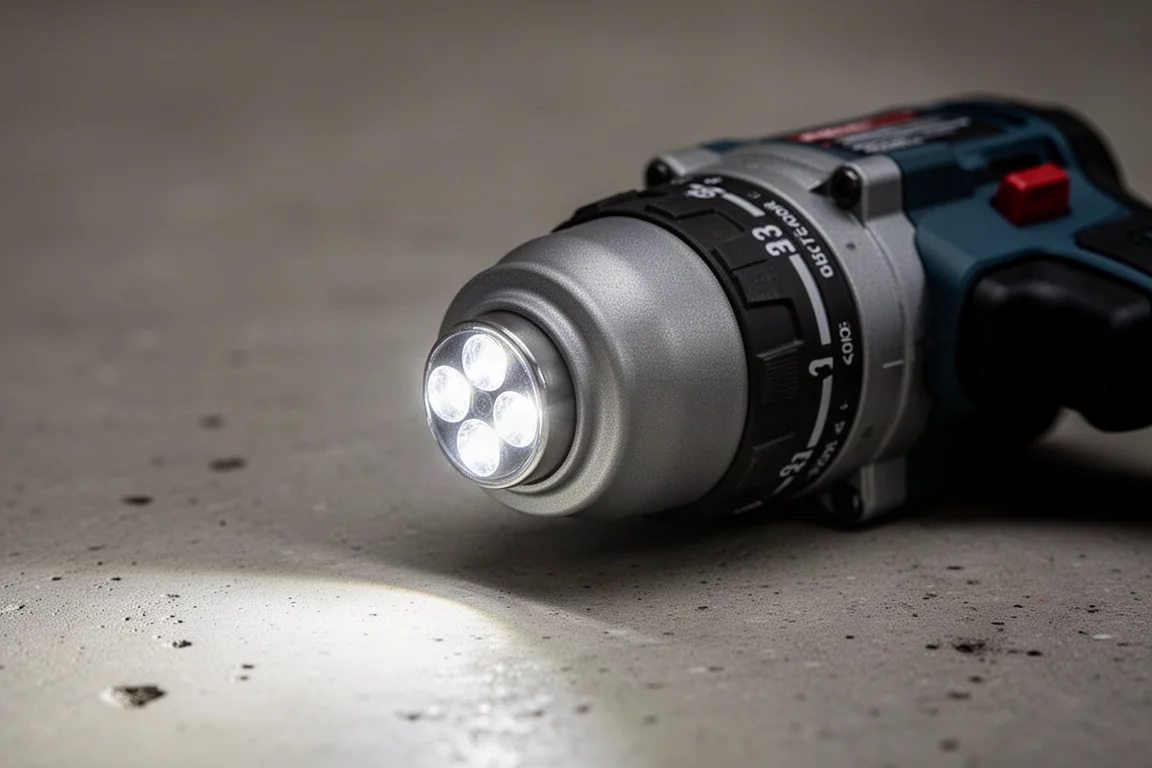 Close-up van de moduskiezer en LED-werklamp van een compacte impact wrench