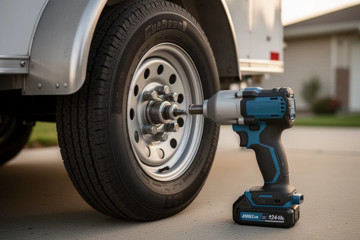 Wielmoeren van een voertuig worden losgedraaid met een accu-impact wrench