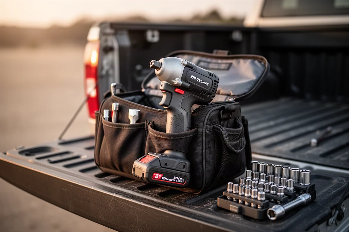 Impact wrench opgeborgen in een gereedschpstas op een laadbak van een pick-up
