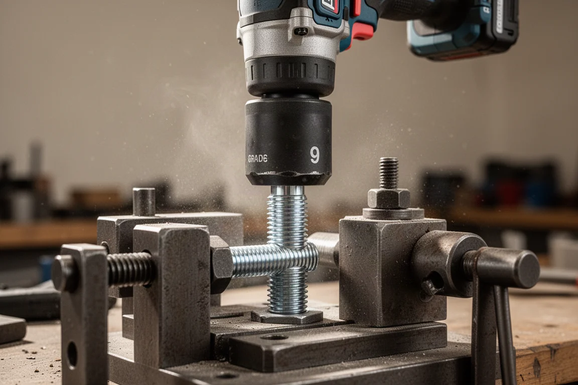 Half-inch impact wrench loosening a large grade 9 bolt on a test bench