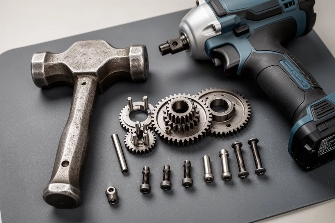Disassembled impact wrench hammer assembly and gears laid out on a bench