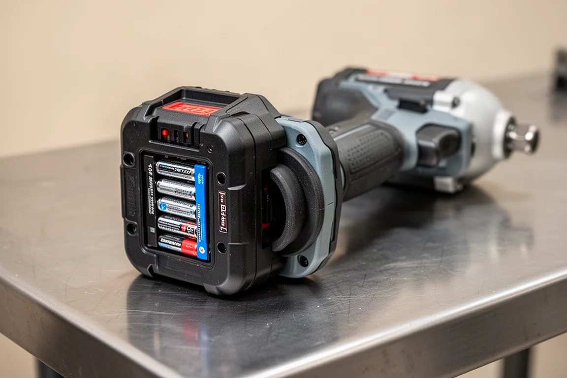 Battery pack attached to an impact wrench with a rubber bushing visible