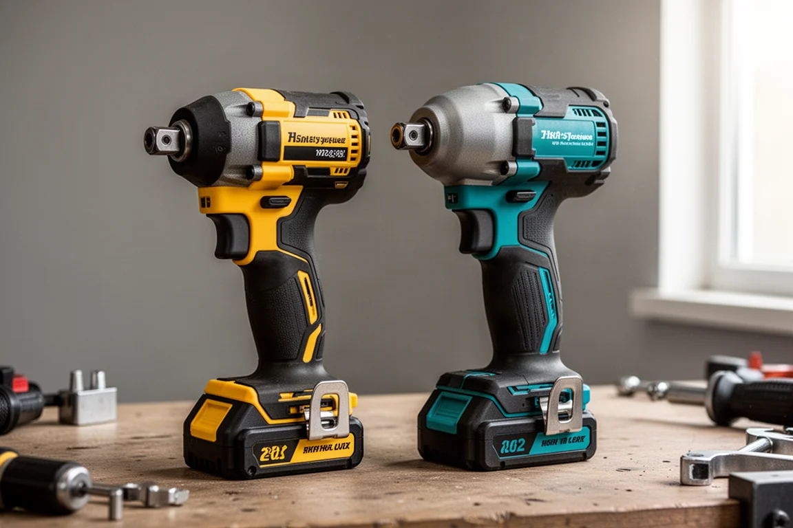 Two large impact wrenches side by side on a workbench for comparison