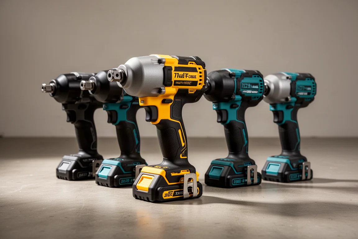 Group of heavy-duty cordless impact wrenches on a concrete workshop floor