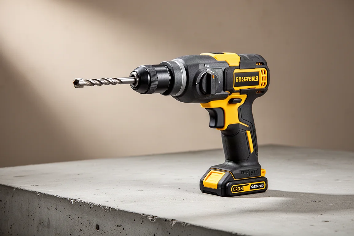 Compact cordless rotary hammer on a concrete workshop surface
