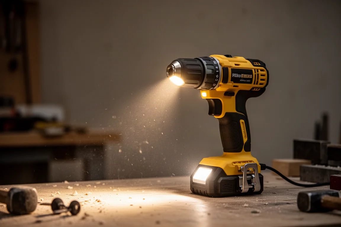 Luz de trabalho LED do parafusadeira de impacto inclinada para cima iluminando um canto escuro da oficina