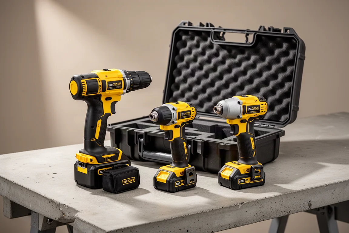 DeWalt hammer drill and impact driver combo kit with hard case on concrete workbench