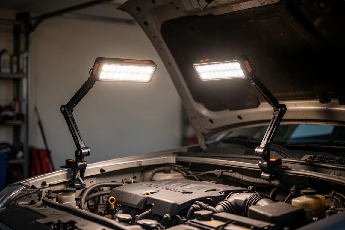 Faltbare LED-Motorhaubenleuchte nachts über einer geöffneten Motorhaube eines Autos geklemmt
