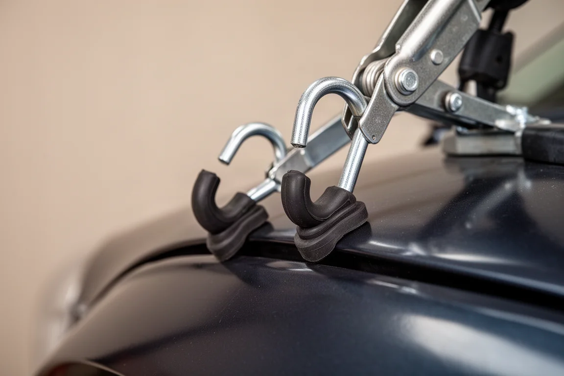 Gummiüberzogene drehbare Haken greifen die lackierte Kante einer Motorhaube