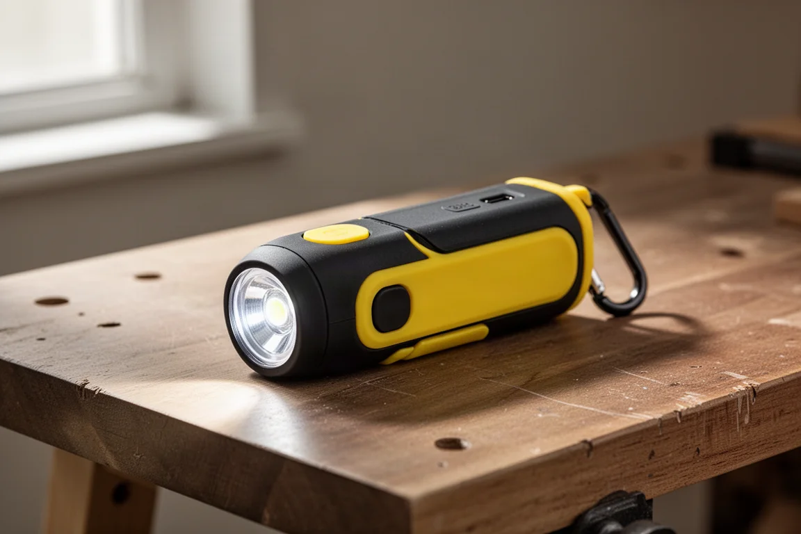 DeWalt DCL182 rechargeable LED task light with carabiner on a workbench
