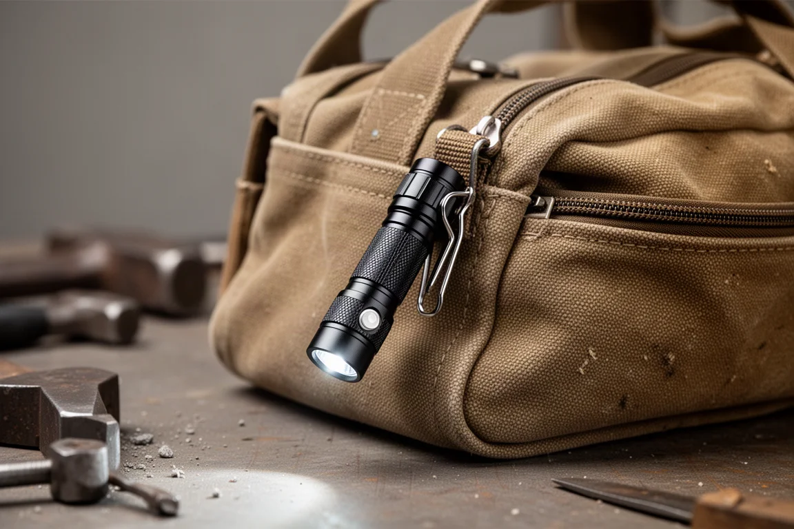 Lampe torche LED compacte accrochée au bord d'un sac à outils sur un établi