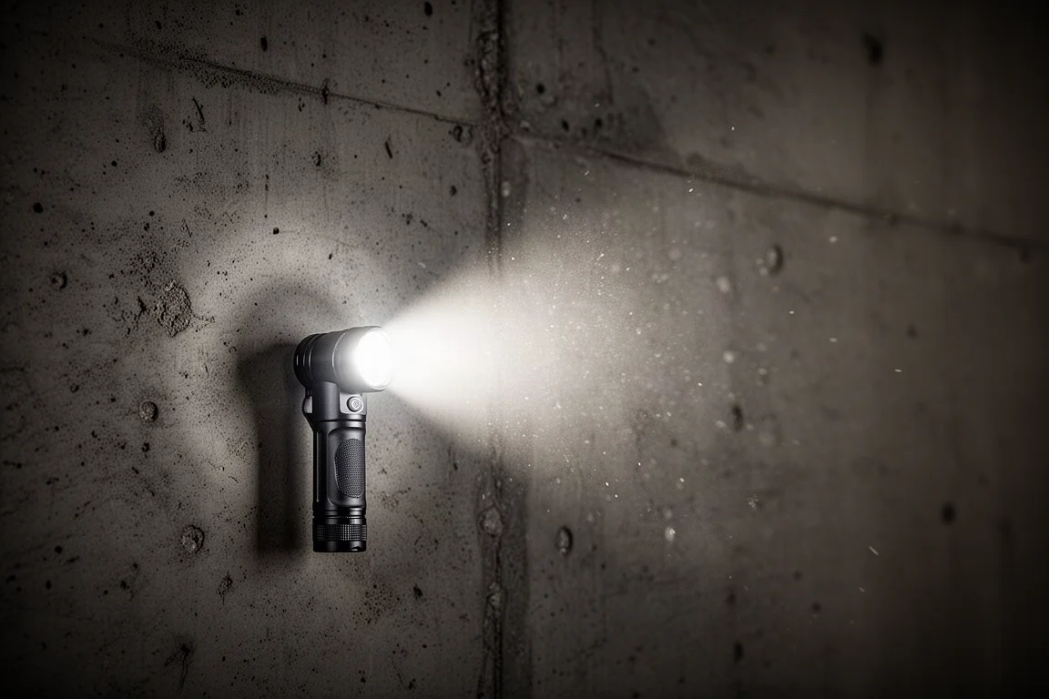 Faisceau de la lampe éclairant un coin sombre du mur d'un atelier