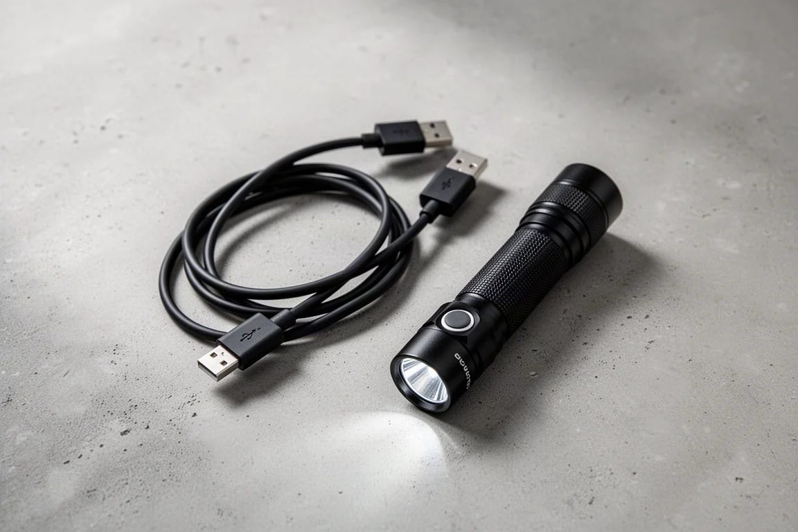 Câble de charge USB enroulé à côté d'une lampe torche sur une surface neutre