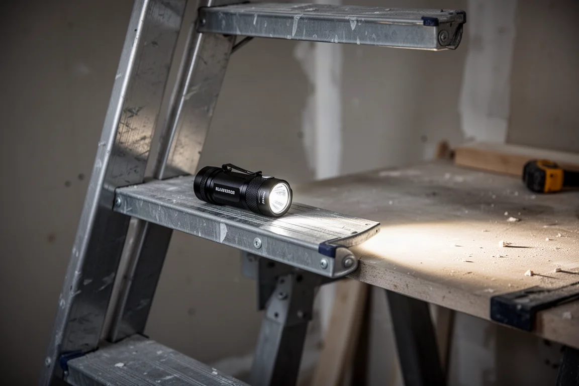 Lampe torche posée sur un barreau d'échelle métallique dans une zone de travail sombre