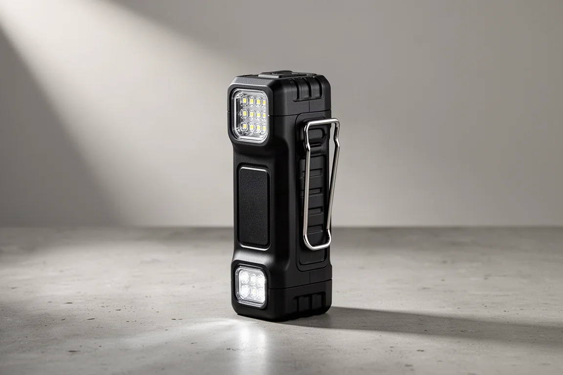 Lampe torche LED rechargeable noire et compacte avec clip ceinture posée sur une surface en béton