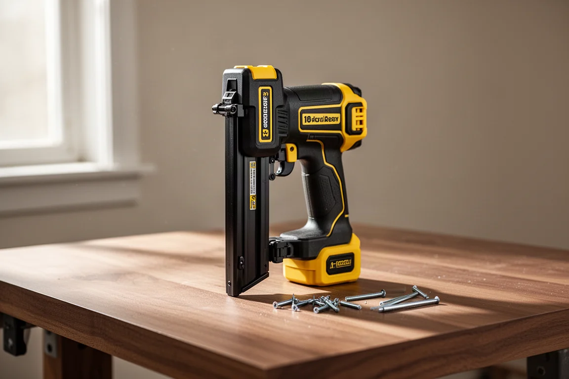 Compact black and yellow cordless brad nailer on a wood workbench