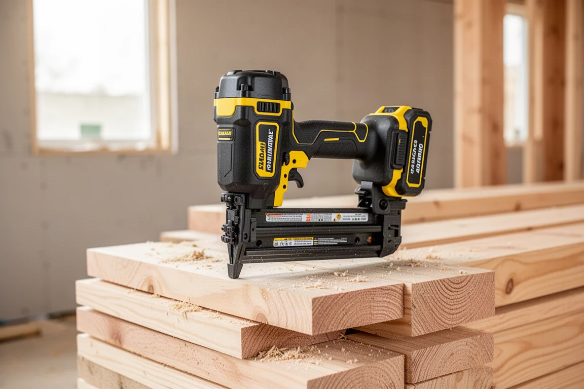 Cordless framing nailer resting on a lumber stack at a construction site