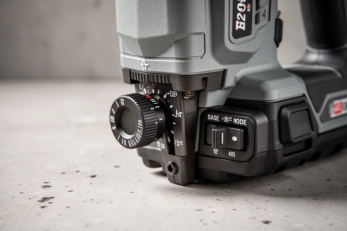 Close-up of the nailer depth adjustment wheel and mode selector