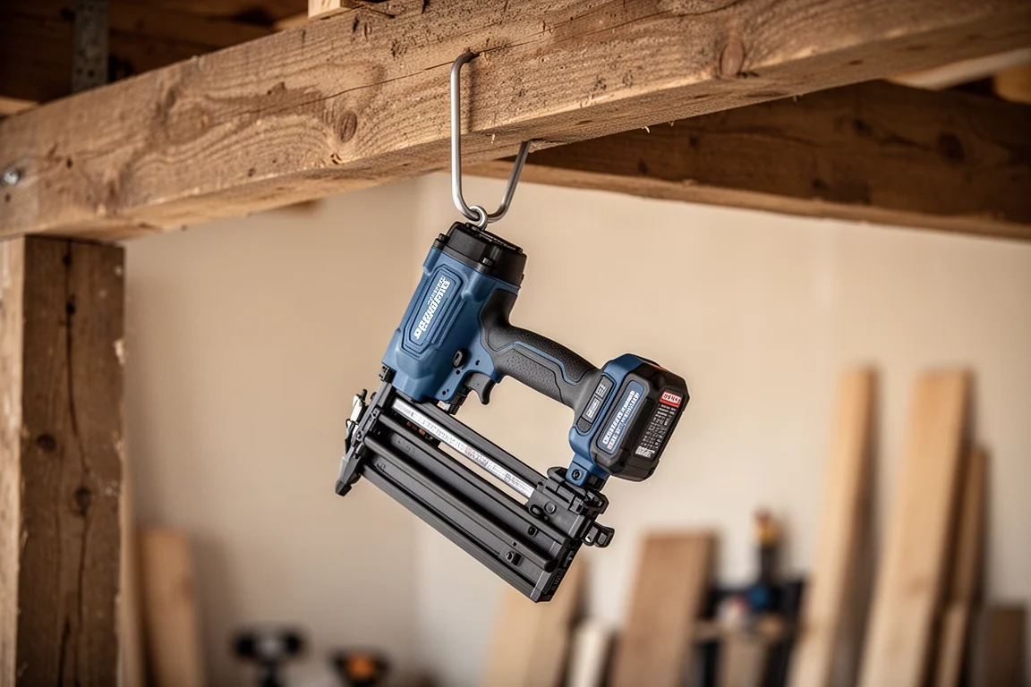 Nailer hanging from a rafter hook on a wooden beam