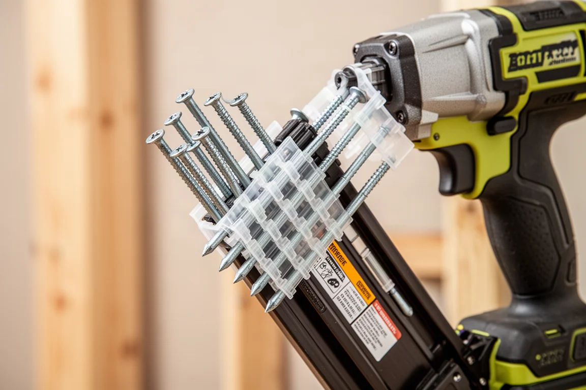Ring shank nails loaded in a framing nailer magazine