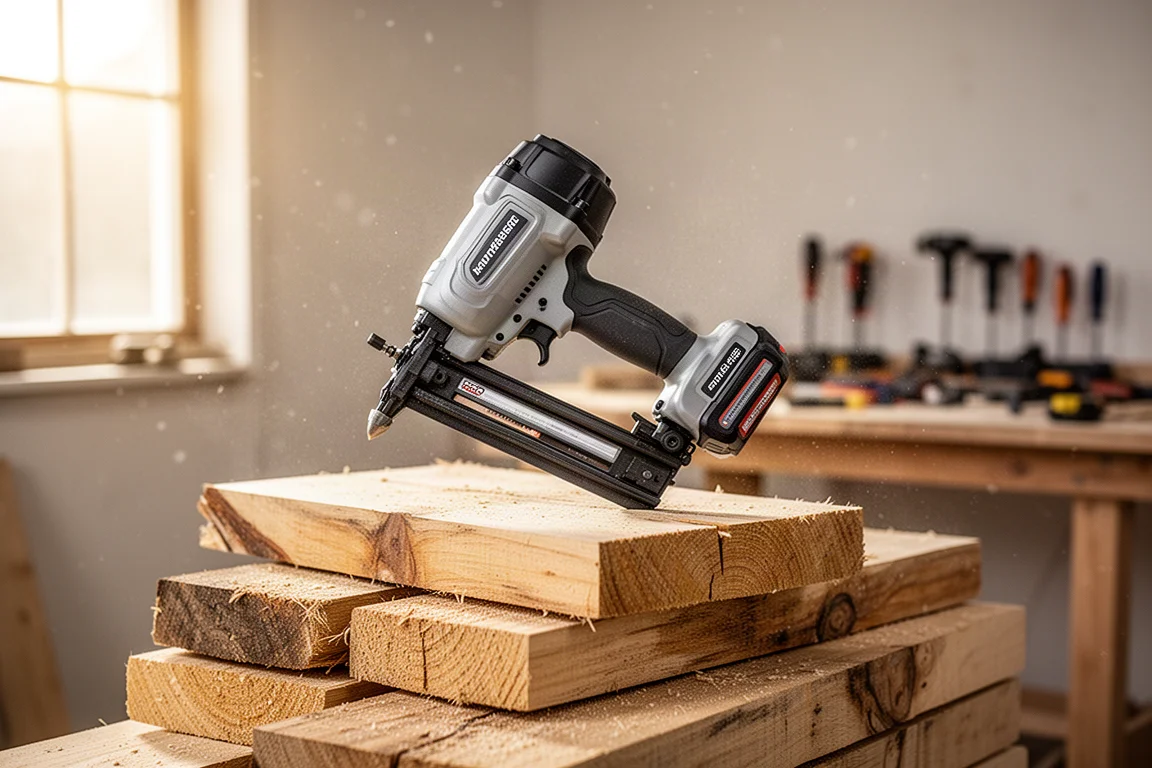 Accu-framingnagelaar rustend op ruw gezaagd hout in een werkplaats