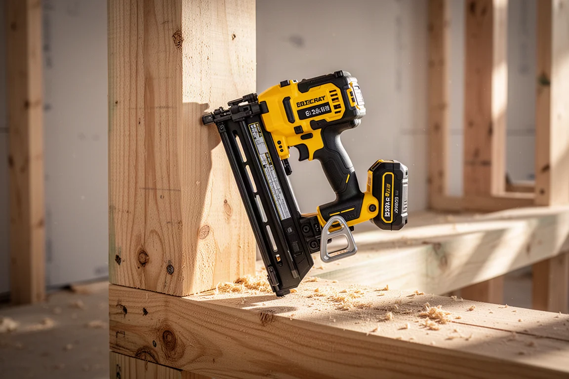Accunagelaar in gebruik op een bouwplaats met houtskeletconstructie