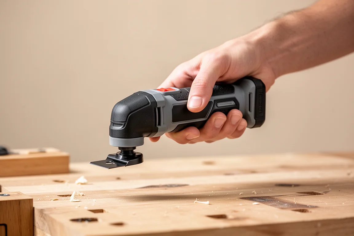 Compact oscillating multi-tool held in one hand over a workbench