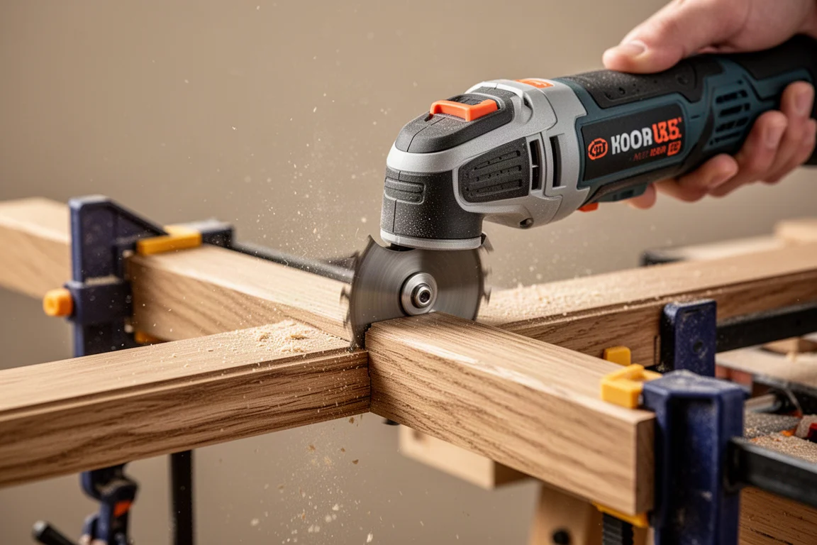 Oscillating multi-tool cutting a piece of oak trim on a bench
