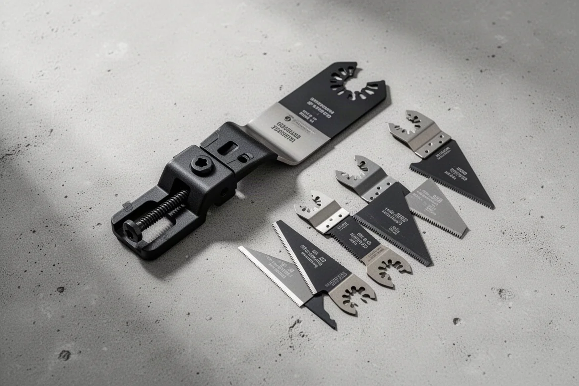 Universal blade adapter and screw clamp next to assorted blades