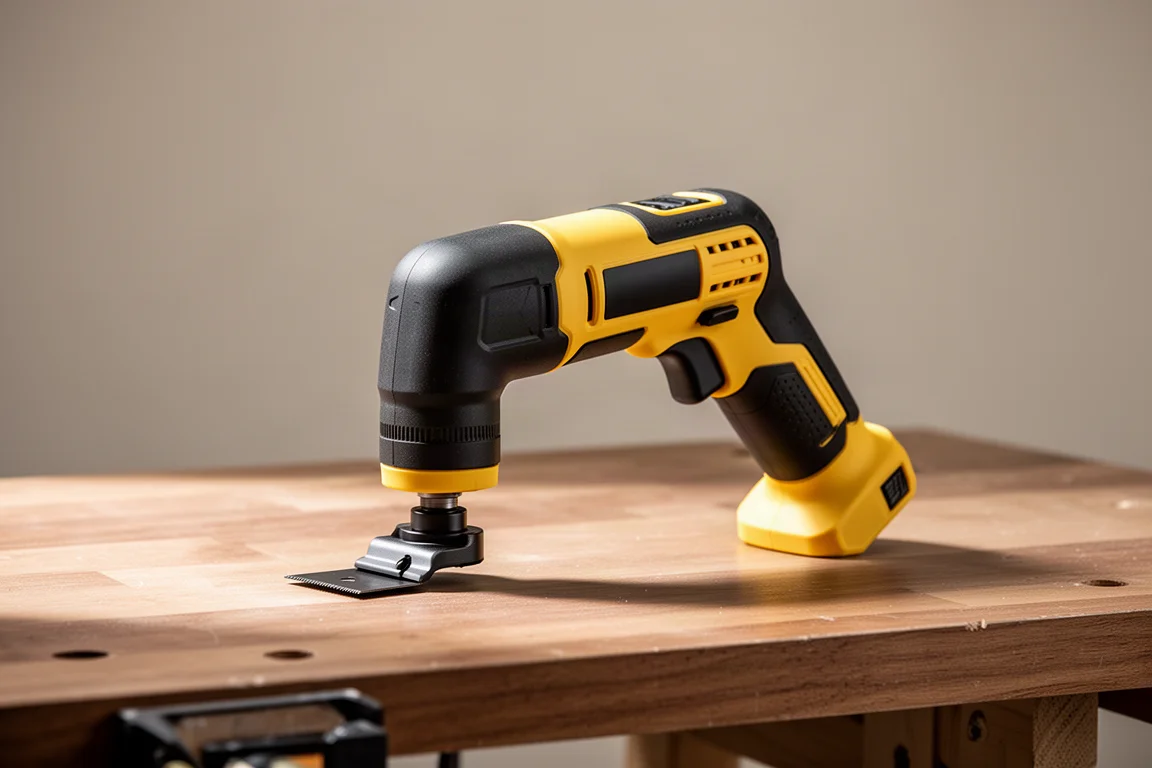 Compact DeWalt 12V oscillating multi-tool standing on a workbench