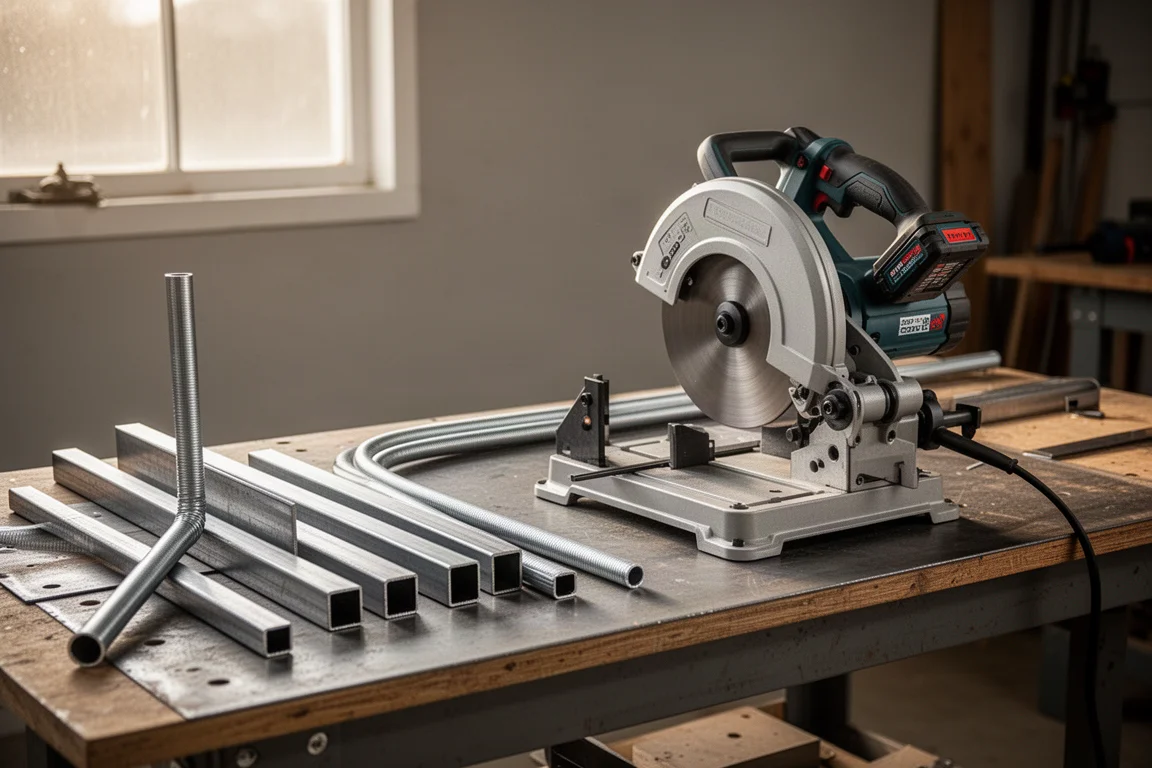 Stół warsztatowy z materiałem metalowym gotowym do cięcia pilarką taśmową