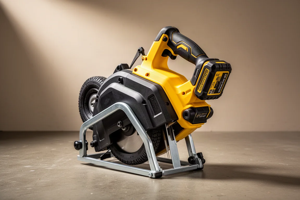 Yellow and black DeWalt midsize band saw on a concrete workshop floor