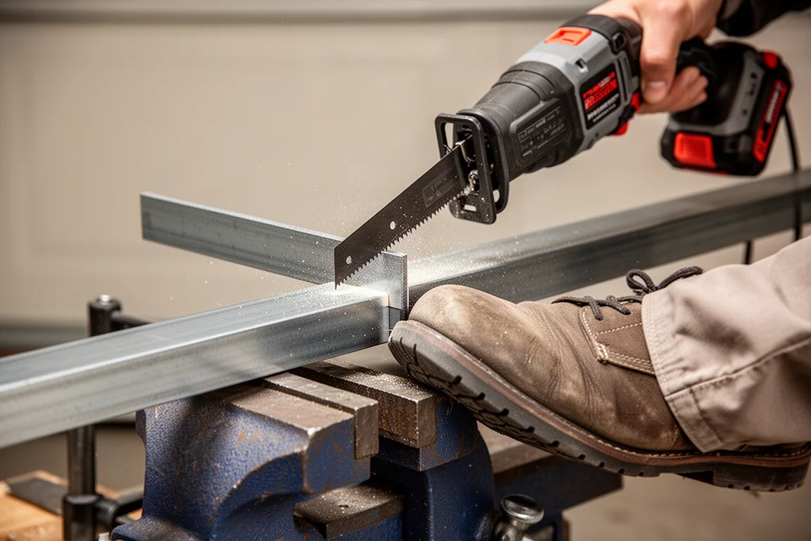 Serra sabre cortando peça de metal fixada em uma bancada de trabalho