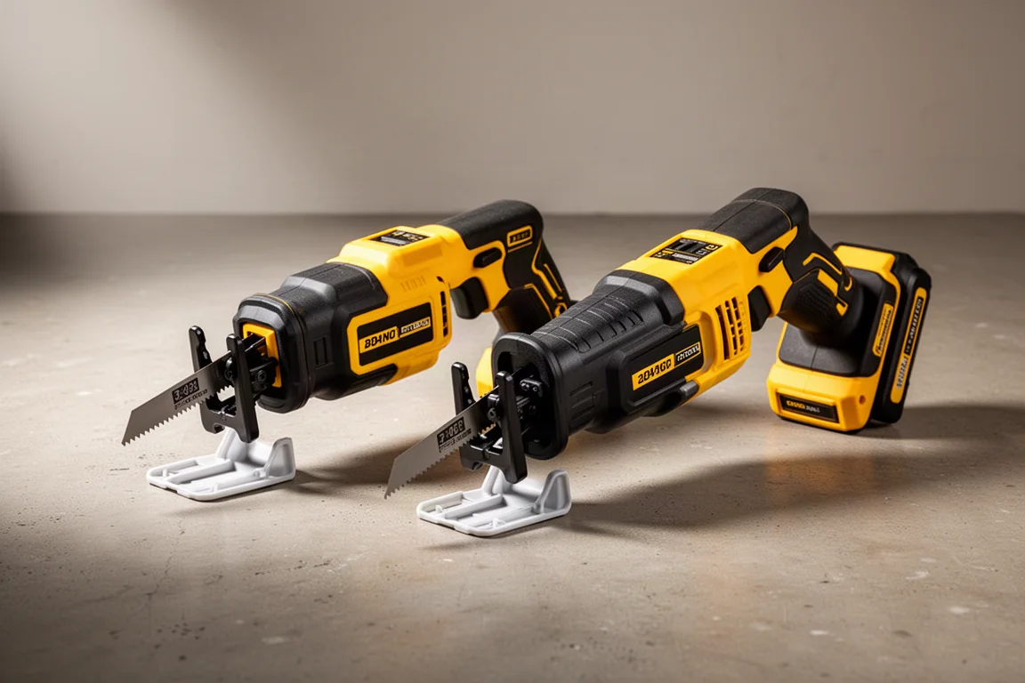 Two cordless reciprocating saws side by side on a concrete workshop floor