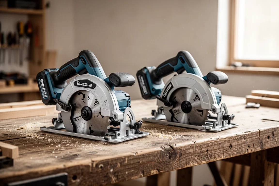 Two cordless circular saws side by side on a workbench