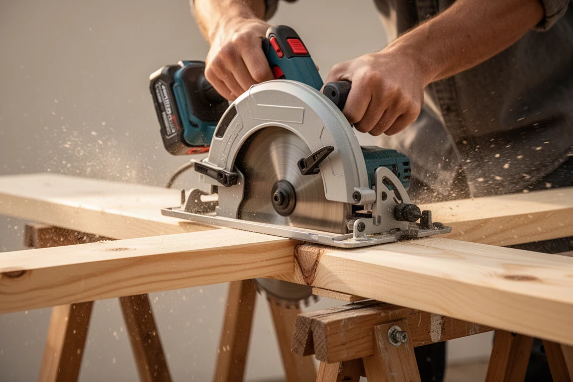 Circular saw cutting through a board with sawdust flying